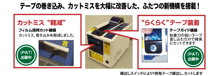 テープの巻き込み、カットミスを大幅に改善した、ふたつの新機構を搭載!
カットミス “軽減”“らくらく”テープ装着