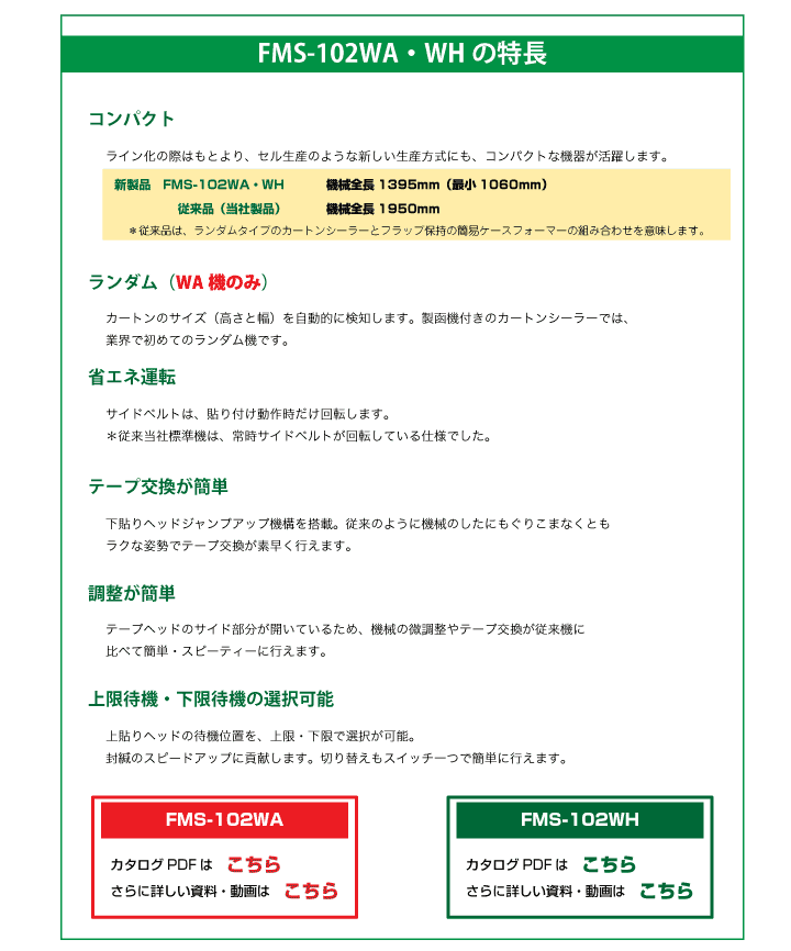 コンパクト
ランダム（WA機のみ）
省エネ運転
テープ交換が簡単
調整が簡単
上限待機・下限待機の選択可能